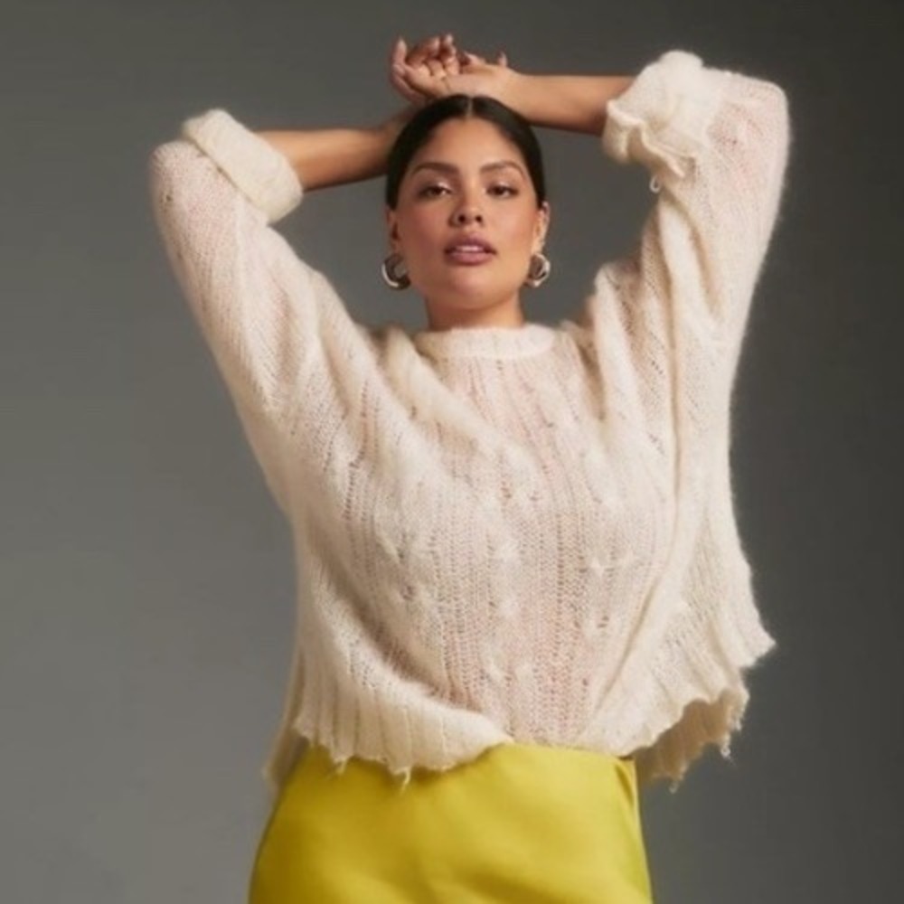 Anthropologie Posey Stitchy Wool Nylon‎ Distressed Sweater Raw Hem, Ivory SZ M